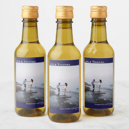 Kärlek & tack, marinblå, enkel foto Bröllop Mini Vinetikett