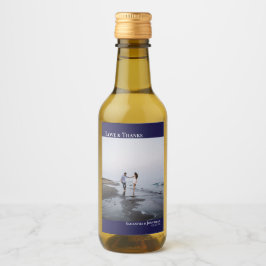 Kärlek & tack, marinblå, enkel foto Bröllop Mini Vinetikett