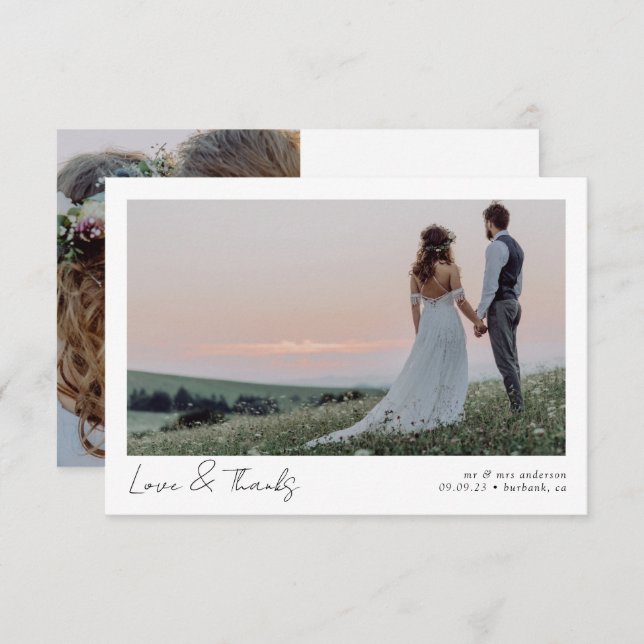 Kärlek & Tack, minimalistisk fotokalligrafi Bröllo Tack Kort (Fram/baksida)