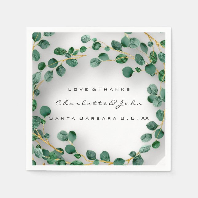 Kärlek&Tack Namn Datum Eucalyptus Rusticò Bröllop Pappersservett (Framsidan)