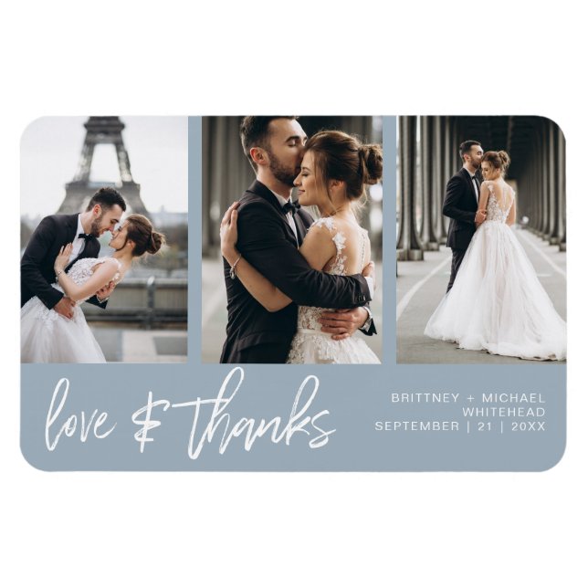 Kärlek Tack Photo Collage Hand-Lettered Dusty Blue Magnet (Horisontell)
