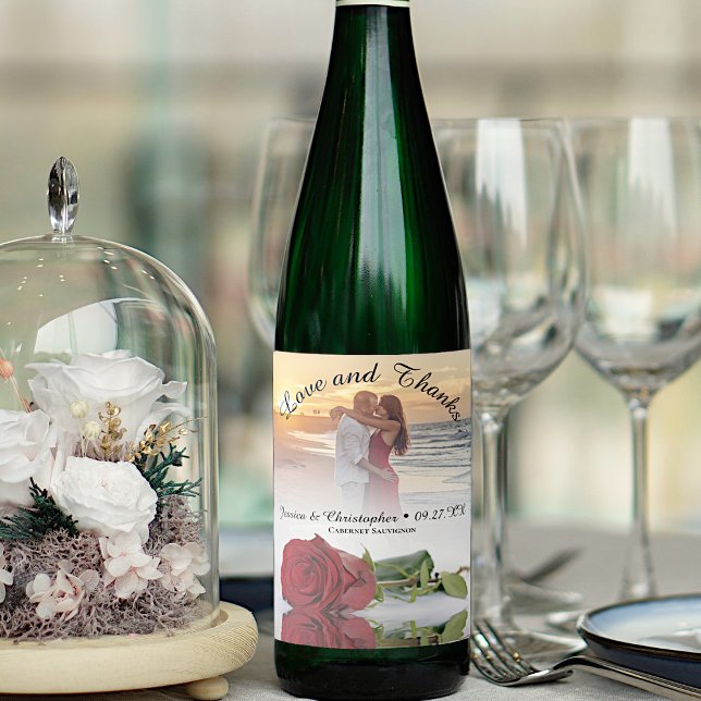 Kärlek & Tack Romantic Röd ros Bröllop Photo Vinflaska Etikett (Skapare uppladdad)