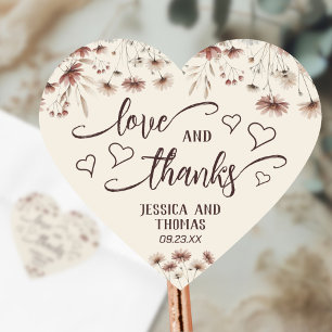 Kärlek & tack Rustic Boho Chic Wildblommor Bröllop Hjärtformat Klistermärke