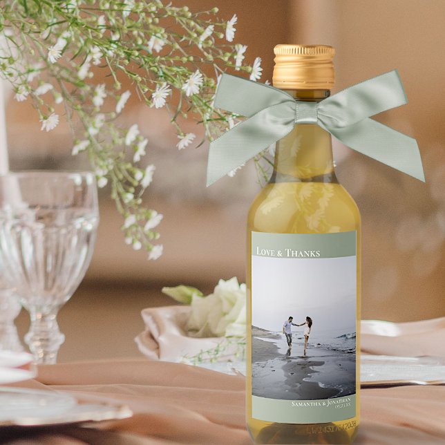 Kärlek & tack Sage Grönt Simple Bröllop Photo Mini Vinetikett (Skapare uppladdad)