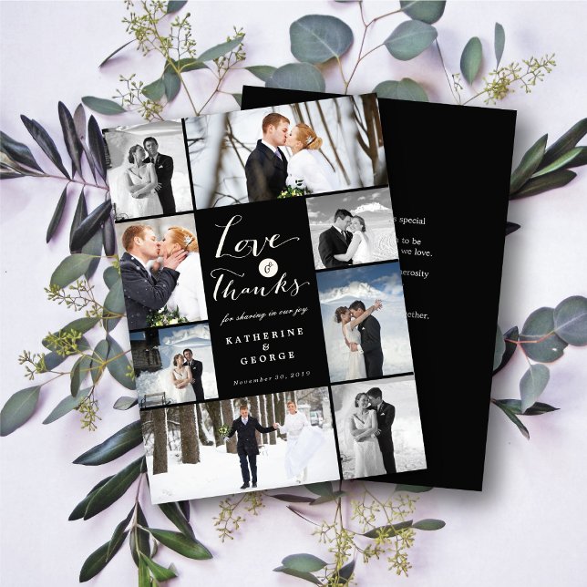 Kärlek & tack Skript 8-Photo Bröllop Design Kort (Love & Thanks Modern Script 8 Multi Photo Collage Wedding Thank You Card @ fatfatin_blue_knot)