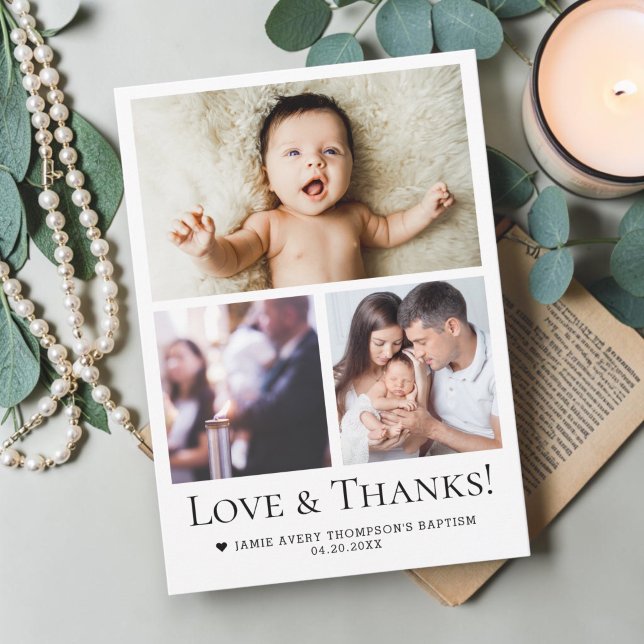 Kärlek & Tacksamhet Baby Dop Fotocollage Grid  Tack Kort (Modern 3 photo Love and thanks baptism thank you template card.)