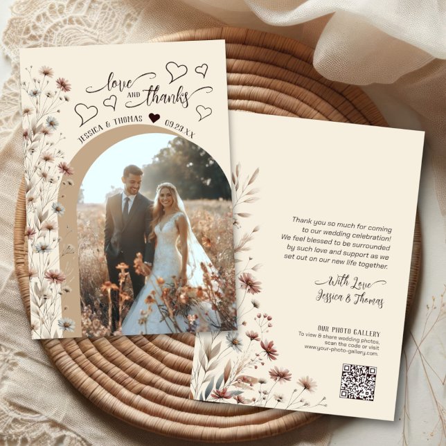 Kärlek Tacksamhet Boho Vildblommor Foto QR-kod Brö Tack Kort (Front/Back)