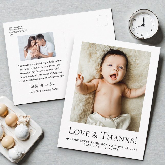 Kärlek Tacksamhet familj Bebis Födelsedagsannonser Vykort (Modern Baby Love and thanks Customizable photos birth announcement baby shower thank you postcard.)
