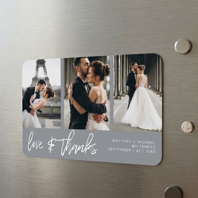 Kärlek Tacksamhet Foto Collage Handskriven Grå Magnet (Modern Gray Love and Thanks Photo Collage Wedding Magnet that is a perfect keepsake.)