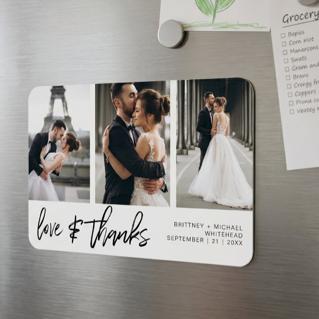 Kärlek Tacksamhet Foto Collage Handskriven Vit  Magnet (This modern simple card features a 3 photo collage with love and thanks in a hand lettered script. )