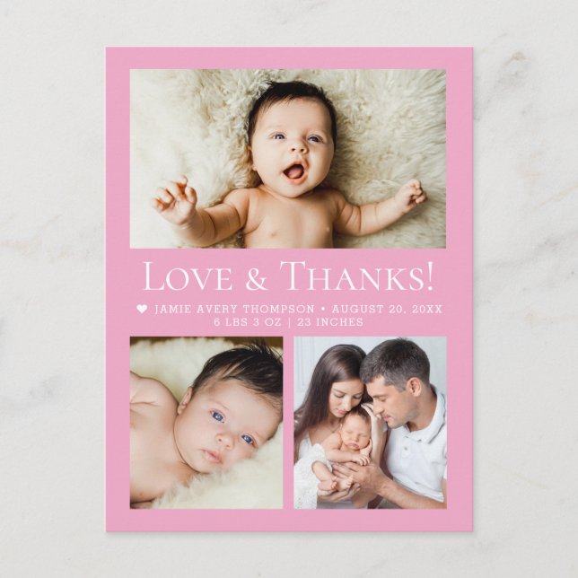 Kärlek & Tacksamhet Rosa Baby Foto Collage födelse Vykort (Framsida)