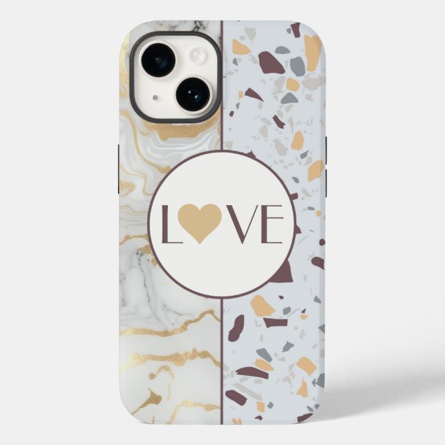 Kärlek Terrazzo Marble iphone case med Guld Heart (Baksida)