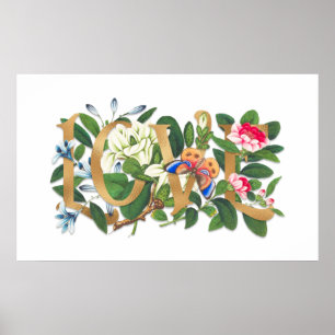 Kärlek Text Gold Foil Vintage Blommigt Botaniskt W Poster