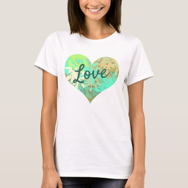Kärlek Text Heart Shape Grönt Löv T Shirt (Framsida)