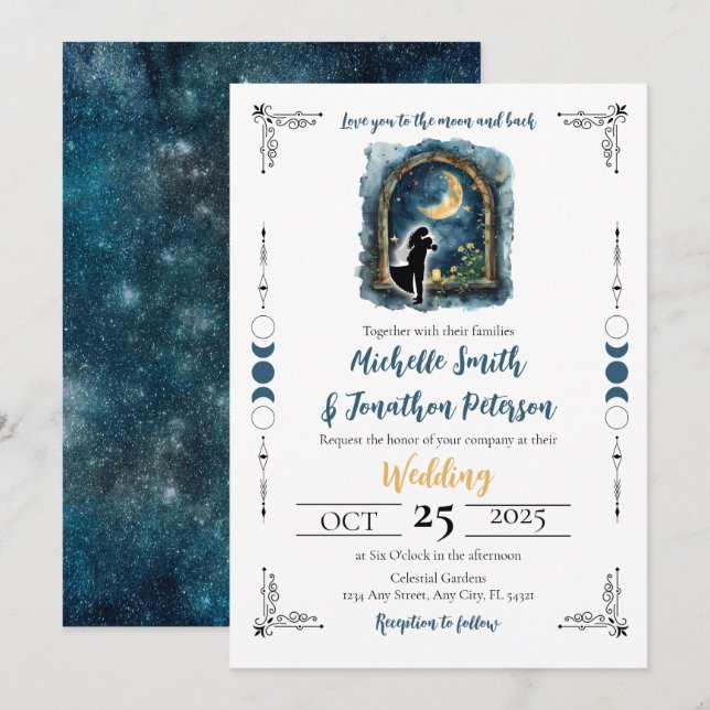 Kärlek till inbjudan till Måne Celestial Wedding (Fram/baksida)