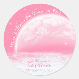 Kärlek till Måne & Back Rosa Girl Baby Shower Runt Klistermärke