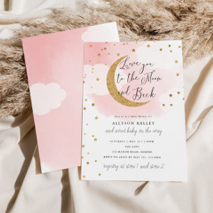 Kärlek till Måne, Guld Stars Rosa Baby Shower Inbjudningar