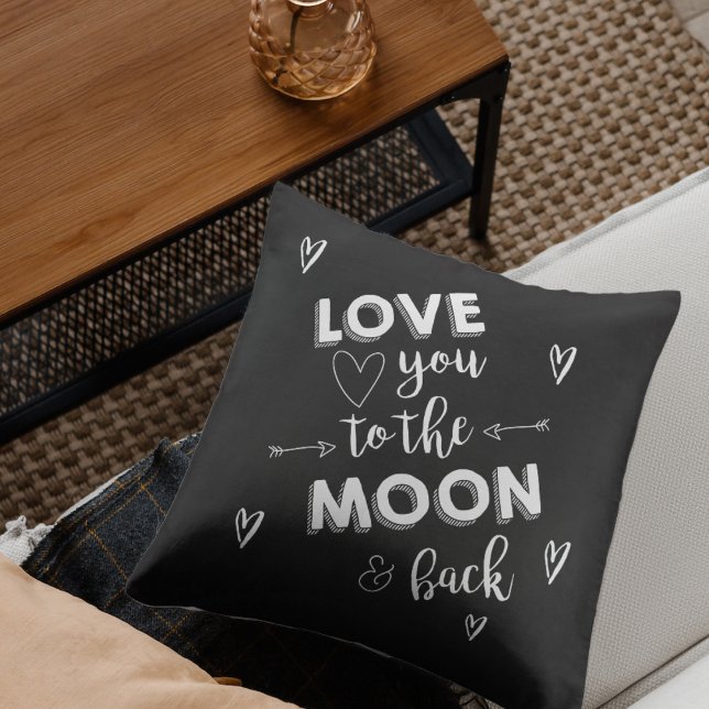 Kärlek till Måne och rygg, svart vitt Kudde (Love You To The Moon and Back Heart Black White Throw Pillow)