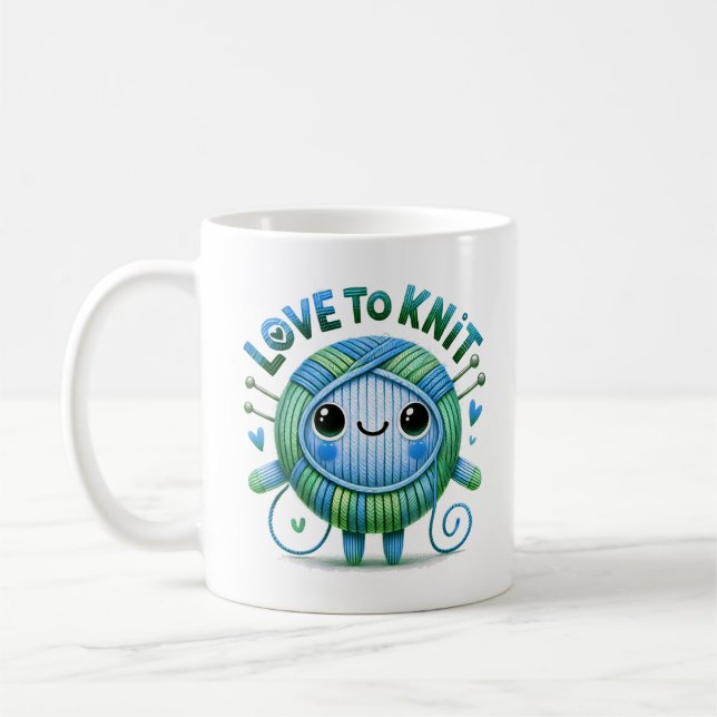 Kärlek till Sticka, citat, Cute Blue Grönt Boll, G Kaffemugg (Vänster)
