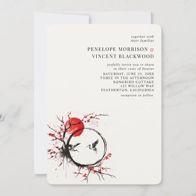 Kärlek Tranar och Körsbärsblom Wedding Inbjudan (Framsida)