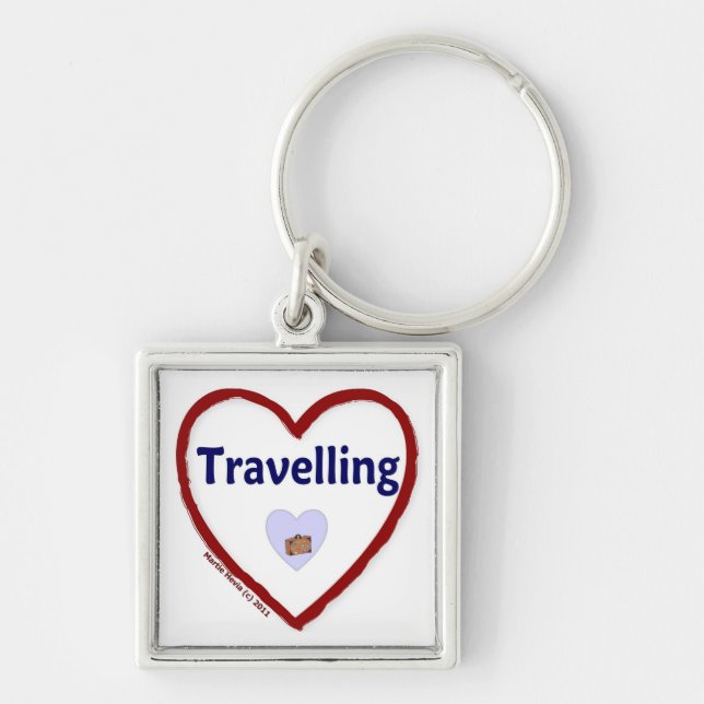 Kärlek Traveling Fyrkantig Silverfärgad Nyckelring (Framsidan)
