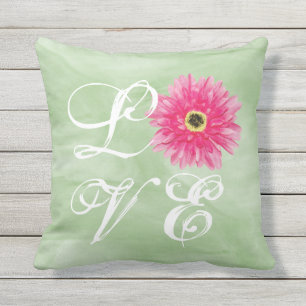 KÄRLEK Typografi Rosa Gerbera Daisy Flower on Grön Kudde