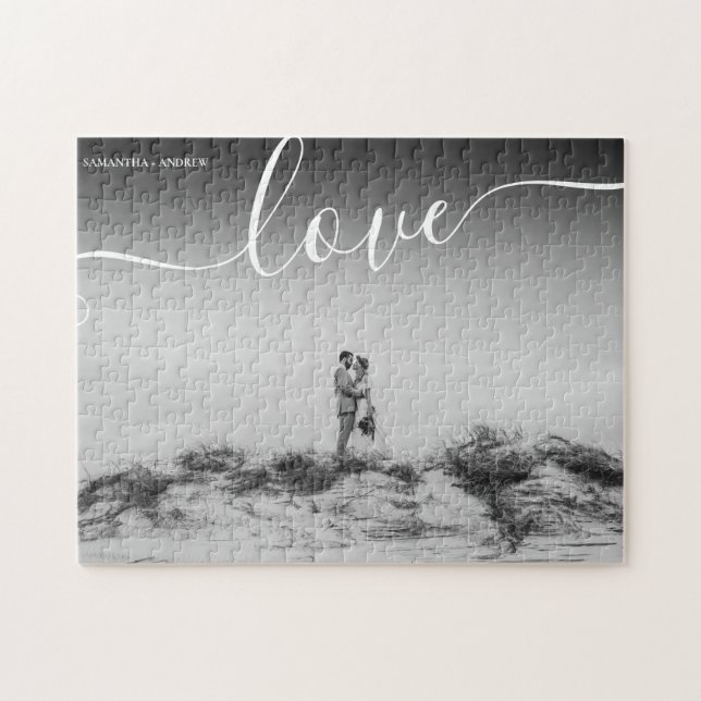 Kärlek-typografi, svartvit bröllop-foto pussel (Horisontell)