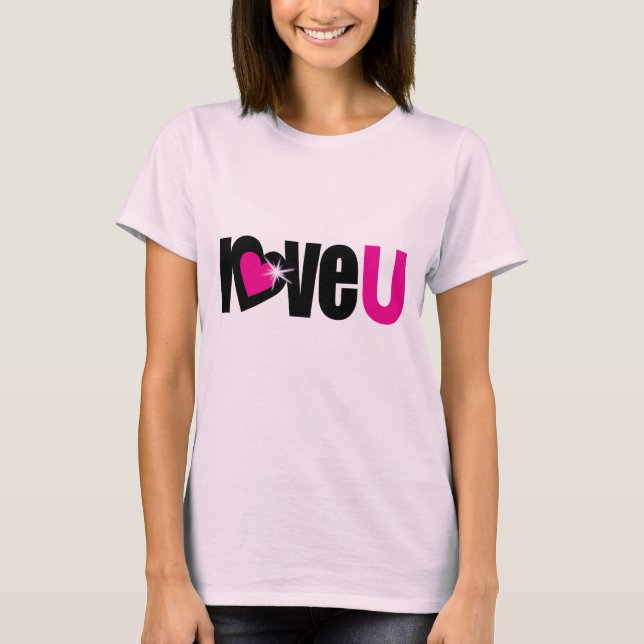 "kärlek U" gnistra vit hjärtsvart och shock rosa T-shirt (Framsida)