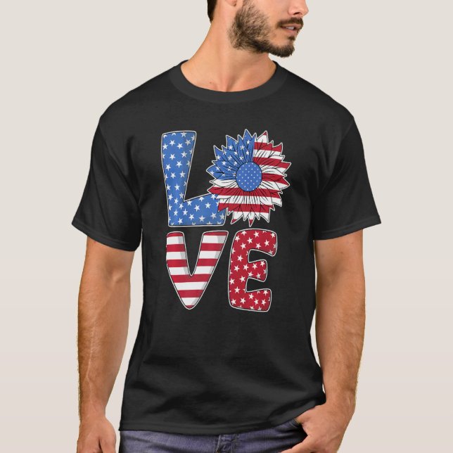 Kärlek USA flagga Solrosjuli 4:e Amerikanska obero T Shirt (Framsida)