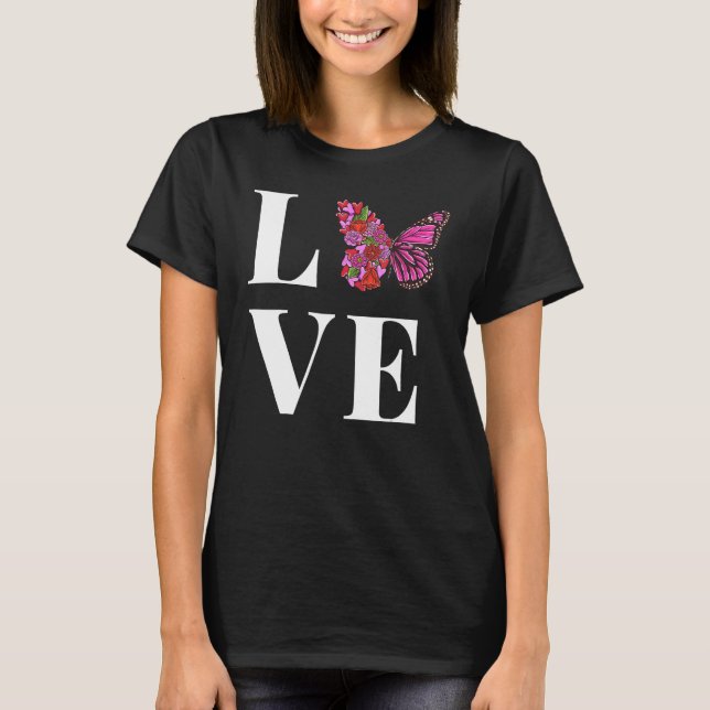 KÄRLEK Vacker Butterfly med halv Rosa blommor bu T Shirt (Framsida)