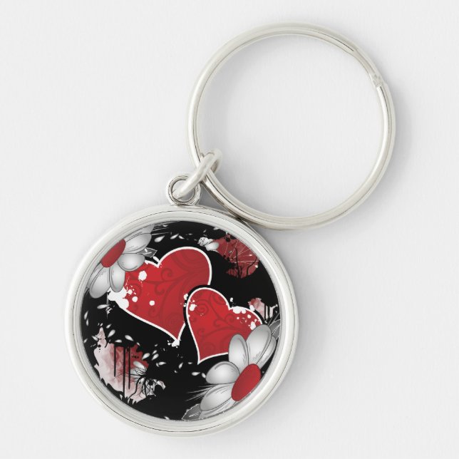 Kärlek Valentindagen Red Hearts Vector Valentine Rund Silverfärgad Nyckelring (Framsidan)