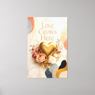 Kärlek Växer Här Guld Hjärtat Blommig Canvas Väggk