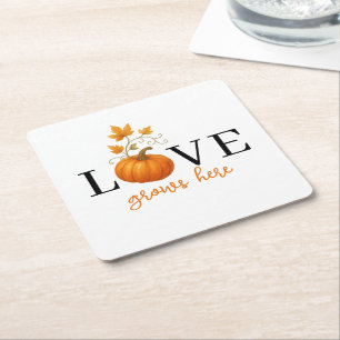 KÄRLEK växer här Pumpkin Lettering Autumn Underlägg Papper Kvadrat