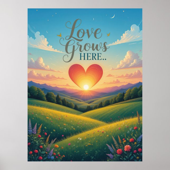 Kärlek växer här Romantic Heart Art Poster (Framsidan)