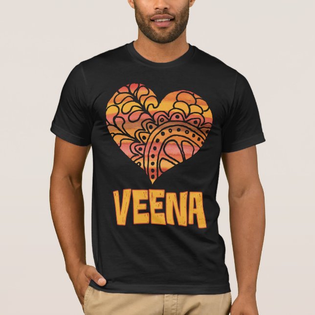 Kärlek Veena Orange Mandala Heart Indian Music T Shirt (Framsida)