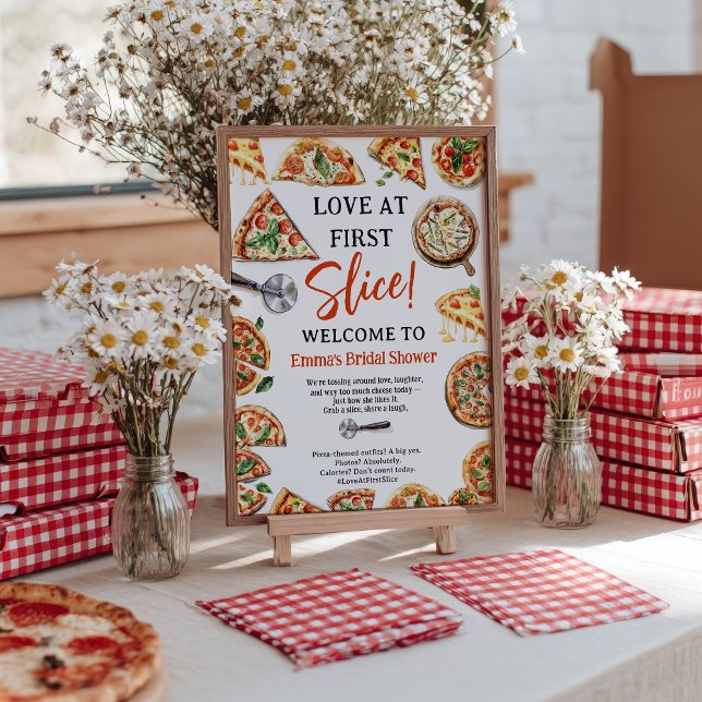 Kärlek vid First Slice Pizza Välkommen Möhippa Poster (Love at First Slice Pizza Welcome Bridal Shower Poster)