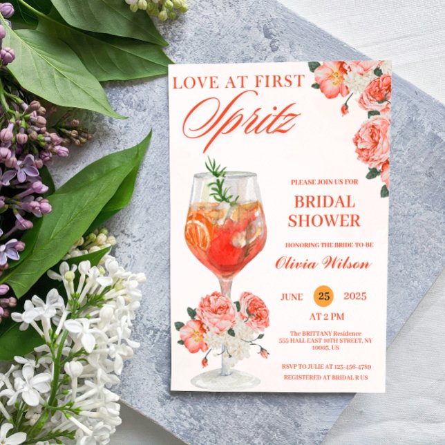 Kärlek vid First Spritz Blommigt Cocktail Möhippa Inbjudningar (love at first spritz bridal shower invitations cocktail drink citrus orange elegant bride citrus )
