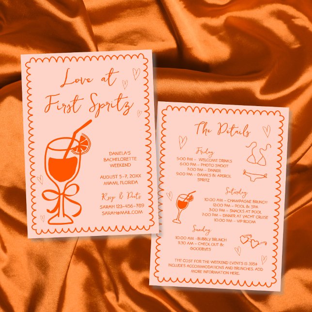 Kärlek vid första Spritz Hand plockade Bachelorett Inbjudningar (Love At First Spritz Hand Drawn Bachelorette Invitation)