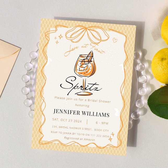 Kärlek vid första Spritz Hand plockade Möhippa Inbjudningar (Love at First Spritz Hand Drawn Bridal Shower Invitation)