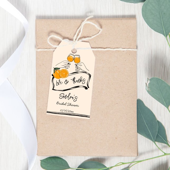 Kärlek vid första spritz-möhippa presentetikett (Love at first spritz retro bridal shower favor gift tags thank you tags whimsical hand drawn aperol)