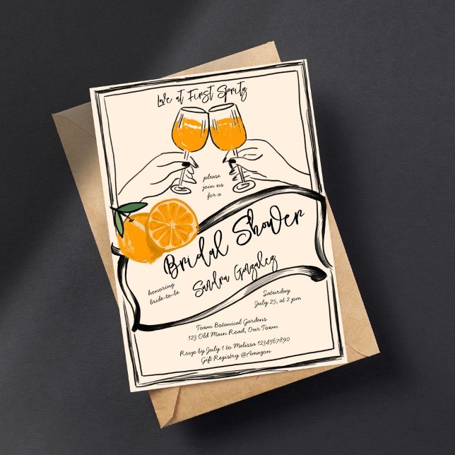 Kärlek vid första spritz-orange-sketch inbjudningar (Love at first spritz retro orange rough sketch bridal shower invitation template digital download )