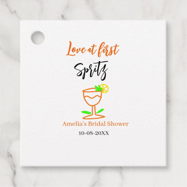Kärlek vid första spritz orange svart bröllopsdusc gåvor etiketter (Framsida)