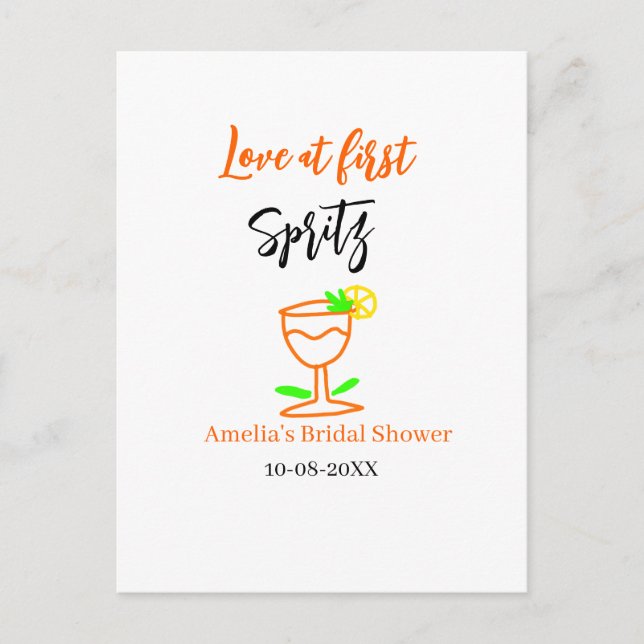 Kärlek vid första spritz orange svart bröllopsdusc vykort (Framsida)
