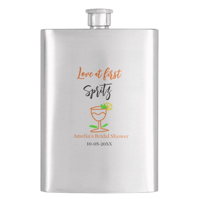 Kärlek vid första spritz orange svart bröllopsfest fickplunta (Framsidan)