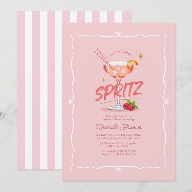 Kärlek vid första spritz Rosa Preppy Bröllopsfest Inbjudningar (Fram/baksida)