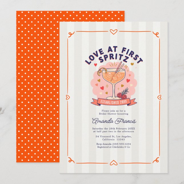 Kärlek vid första spritz snygga bröllopsdusch inbjudningar (Fram/baksida)