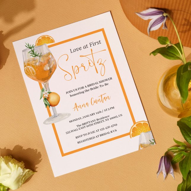 Kärlek vid första spritzen Bröllopsduschcocktail M Inbjudningar (Love at First Spritz Bridal Shower Invitation, Aperol Invite, Citrus Bridal Brunch Orange citrus)