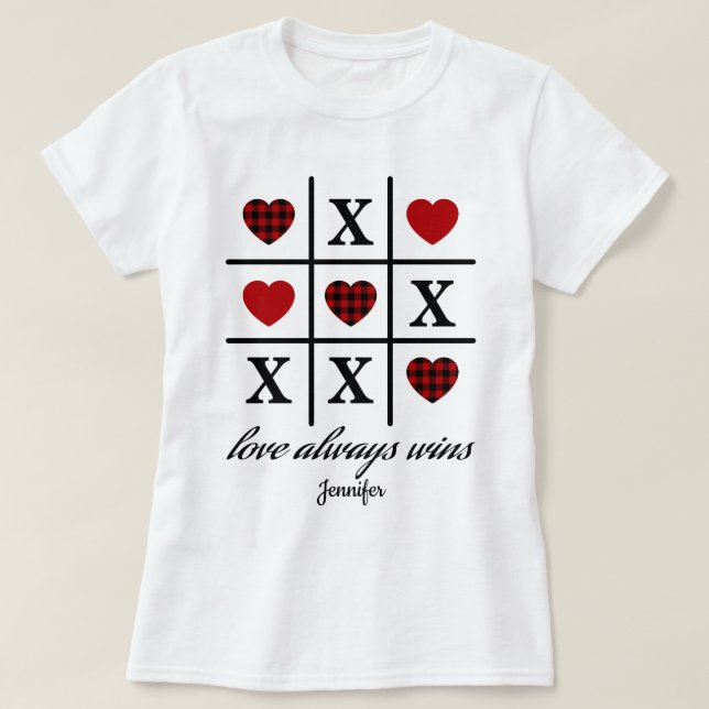 Kärlek vinner alltid Tic Tac Toe Red Buffalo Heart T Shirt (Design framsida)