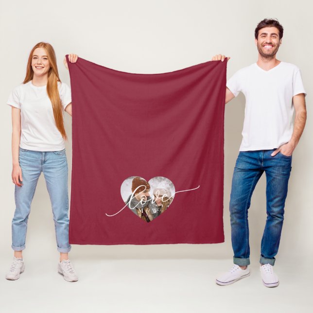 Kärlek Vit Skript Hjärta Foto Rött Fleecefilt (På plats)