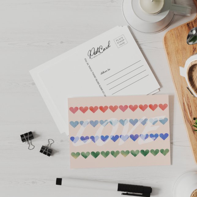Kärlek Watercolor Retro Hearts Säg Hej Postcard Vykort (Skapare uppladdad)